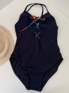 Skinny Dippers Navy Blue Lacey One Piece Swimsuit Sz L Lace Up Front Cross Back